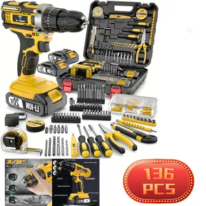 20V Cordless Drill, 136-Piece Tool Kit with 2 Batteries, All-in-One Home Multi-Function Power Tool Set for Repairs & Installations. 3/8" Keyless Chuck for Quick, Tool-Free Bit Changes. Built-in LED Work Light.