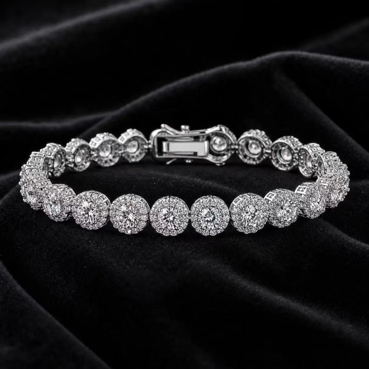 Silver Tone Cubic Zirconia Tennis Bracelet for Women, Sparkling Round Halo Link Bracelet, Elegant Wedding & Party Jewelry Gift