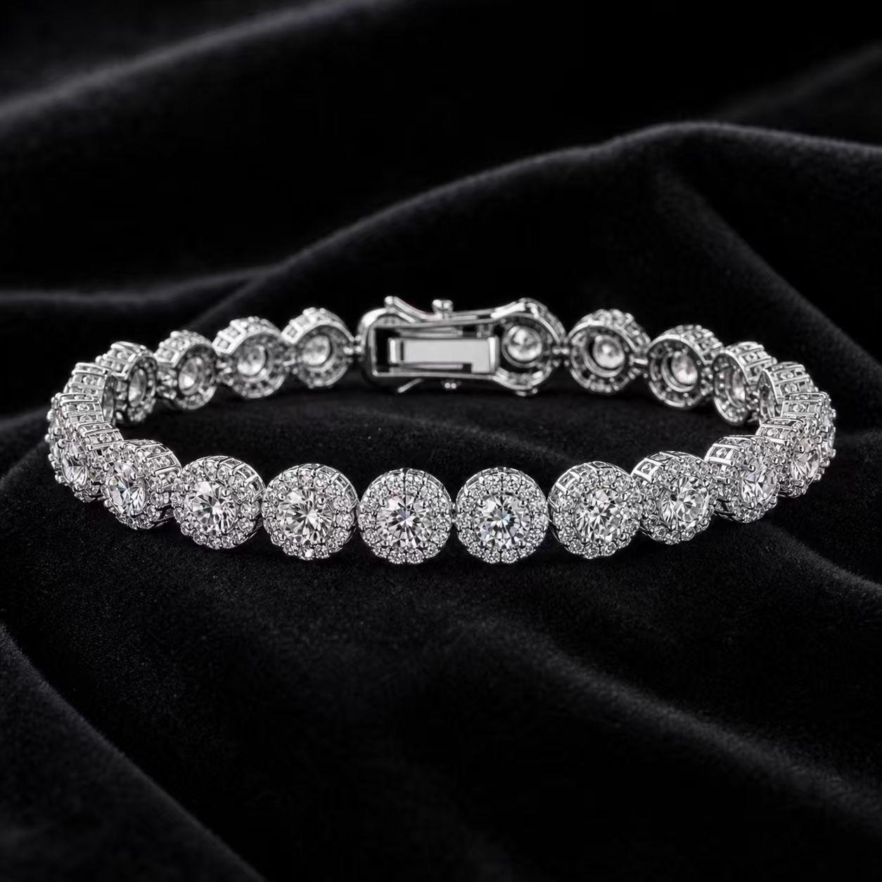 Silver Tone Cubic Zirconia Tennis Bracelet for Women, Sparkling Round Halo Link Bracelet, Elegant Wedding & Party Jewelry Gift