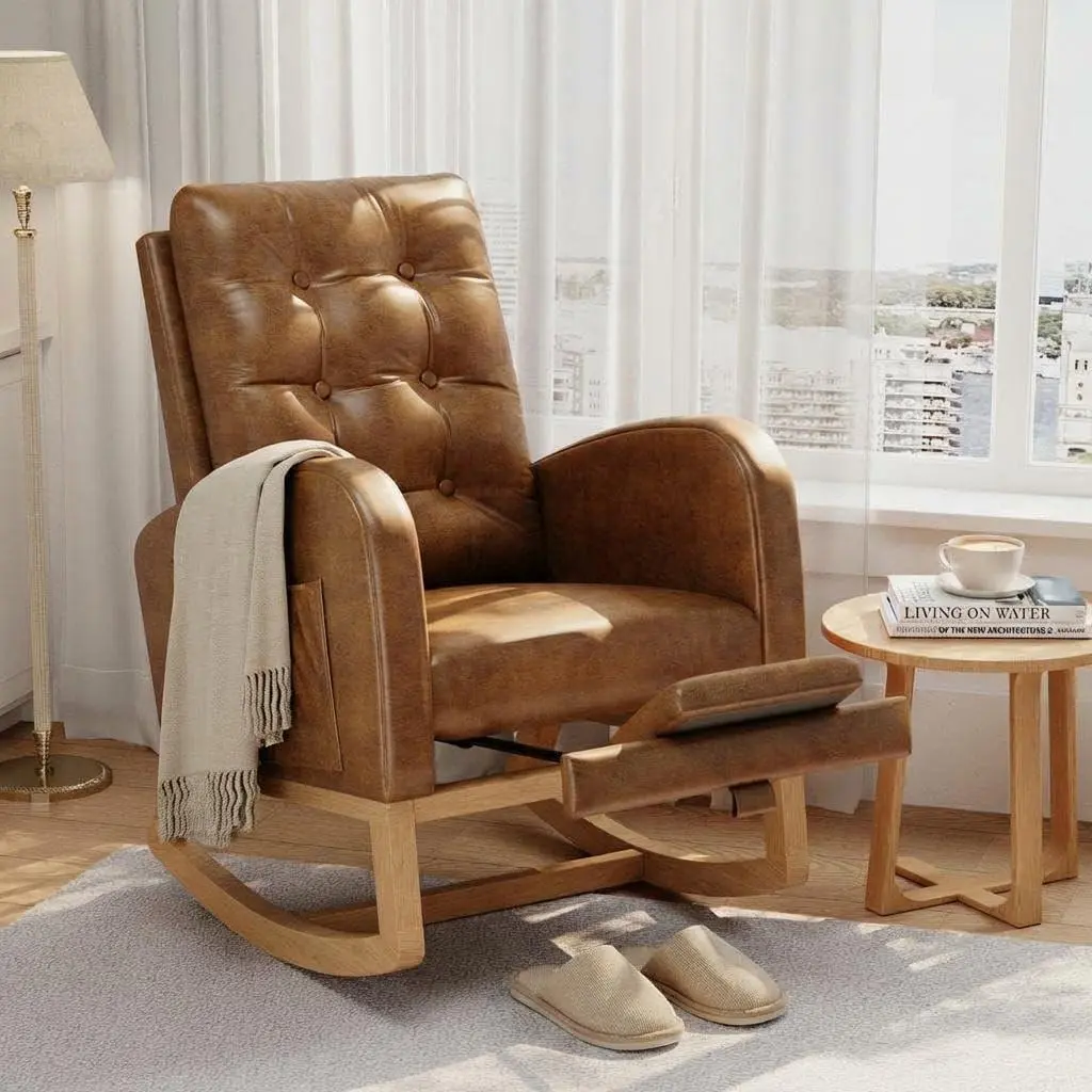 Garvee Modern Nursery Rocking Chair, Upholstered Glider Rocker Rocking Accent Chair Padded Seat with High Backrest Armchair Comfy Side, Rocker Glider for Nursing Room for Bedroom, Living Room,PU Orange