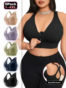 Plus Size 1-4XL Women's Cross Back Sports Bra with Front Zipper, Medium Support for Yoga, Casual Fitted Lined Design, Yoga Gym Activewear