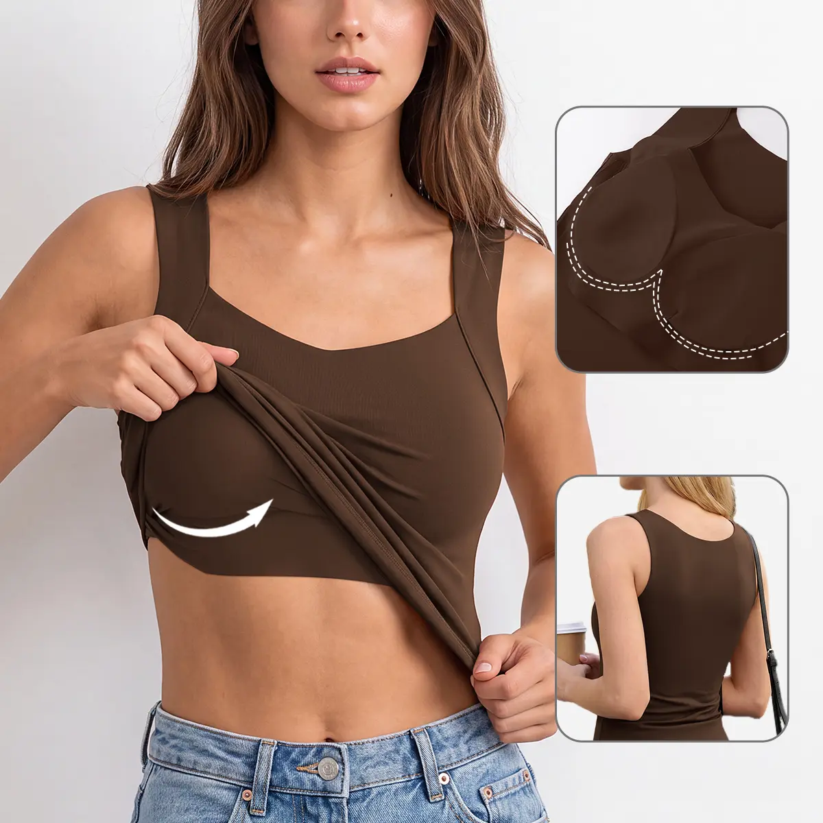 V FOR CITY Women Camisole High Stretchy Seamless Built-in Bra Tank Tops V Neck Casual Basic Tanks