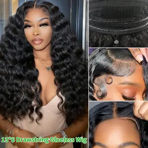 [Drawstring Glueless Wig] Leniku 180 Density Easy To Wear 13x6 Deep Wave Drawstring Glueless Wig Pre Plucked Pre Cut 13x4 Glueless Wig For Black Women