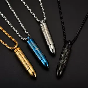 Men's Black Stainless Steel Bullet Necklace with Cross & Lord's Prayer - Religious Pendant Jewelry Gift for Him