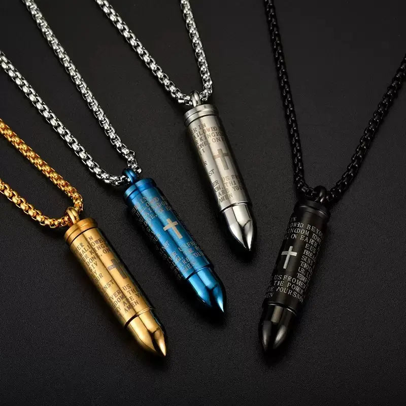 Men's Spiritual Jewelry Bullet Necklace with Secret Compartment, Rust-Resistant Stainless Steel Pendant, Cross & Lord's Prayer Engraving, 22 Inch Chain, Meaningful Gifts, Approx. 22", Daily Wear Jewelry