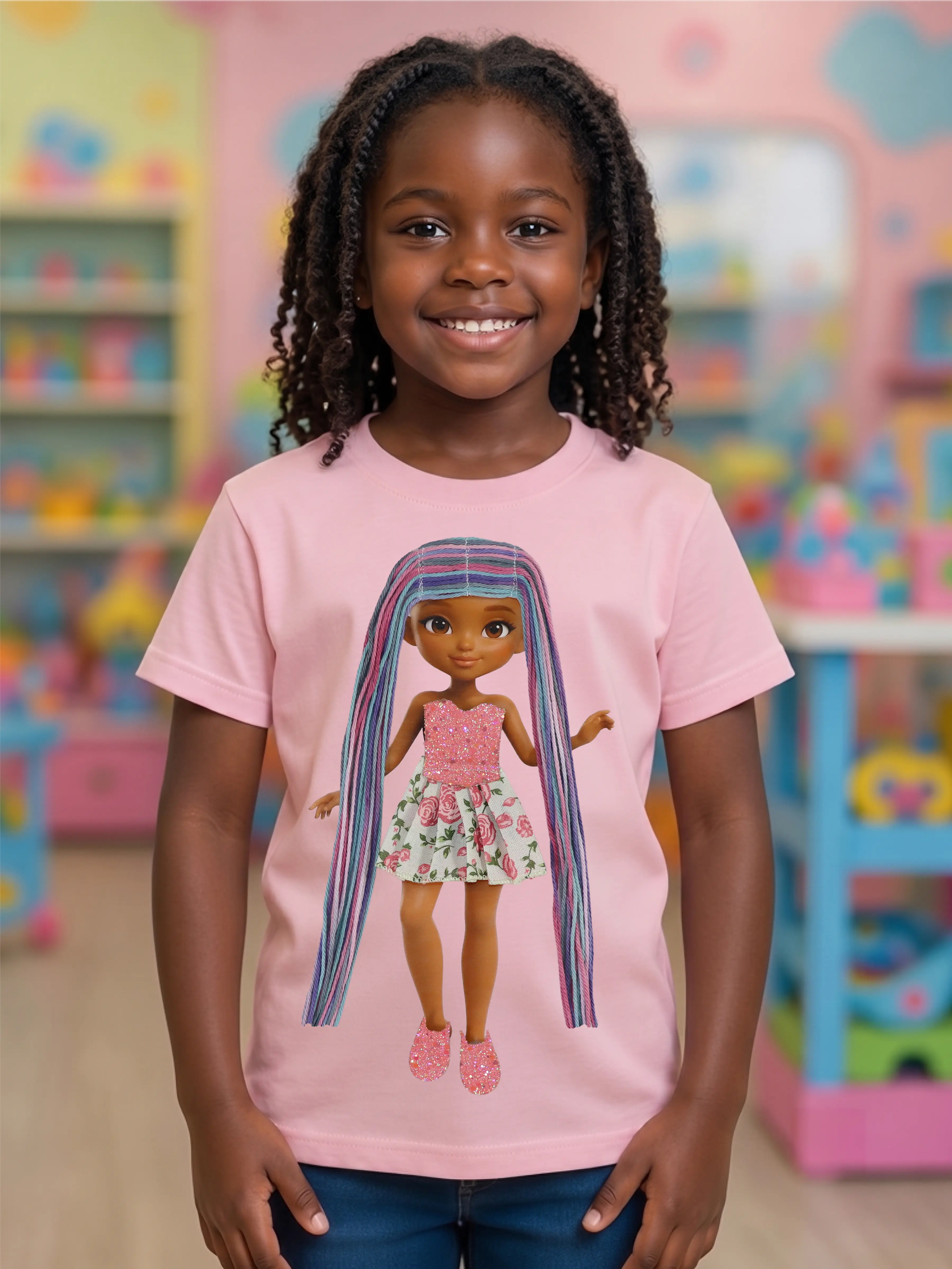 Vibrant Purple Interactive Dress-Up Doll T-Shirt with Changeable Outfits and Hair – 3D Interactive Girl’s Tee – Unique Creative Gift