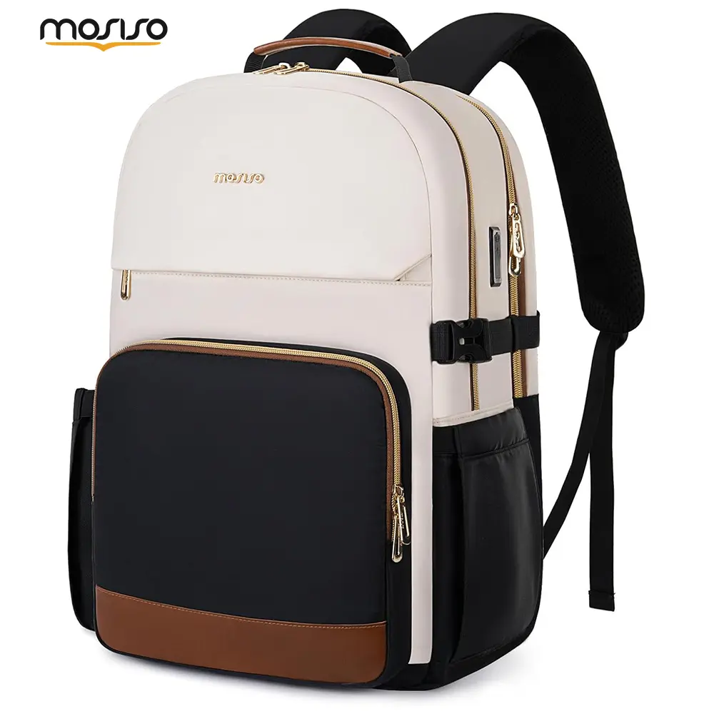 MOSISO Adult Laptop Backpack, Casual Solid Beige Travel Bag for Business & Holiday, Airline-Approved with Zipped Access, USB Port & Adjustable Straps, Carry-On, Solid Colors