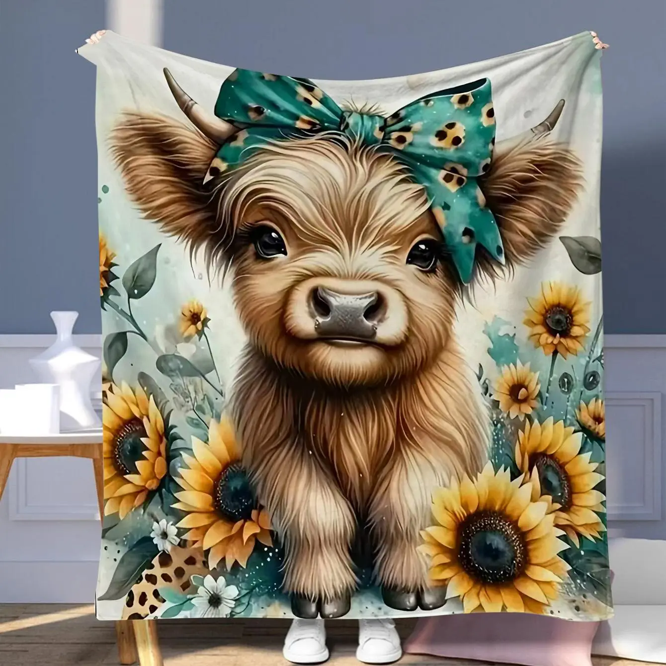 Cute Highland Cow Pattern Blanket, Soft Comfortable Throw Blanket, Cool Bedroom Bedding Blankets, Warm Nap Blanket for Home & Office & Camping