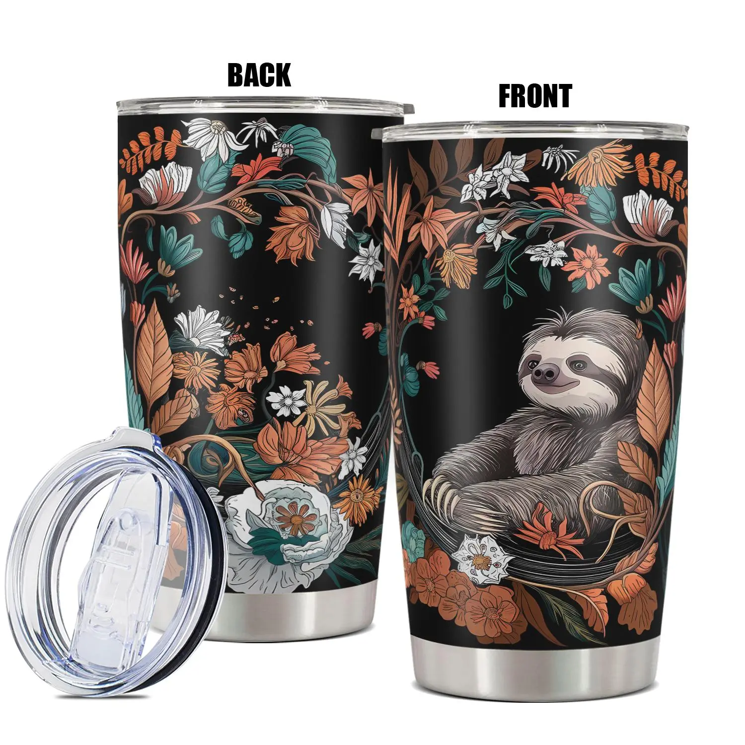 Sloth & Flower Pattern Tumbler, 1 Count 20oz Stainless Steel Water Bottle, Insulated and Durable Water Cup with Lid, Gift for Any Occasion