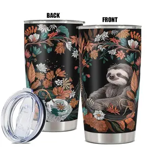 Sloth & Flower Pattern Tumbler, 1 Count 20oz Stainless Steel Water Bottle, Insulated and Durable Water Cup with Lid, Gift for Any Occasion
