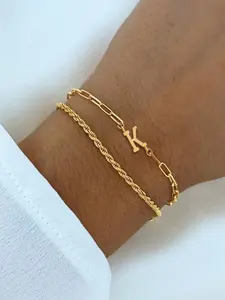 2Pcs/Set Initial Bracelet For Women Simple Fashion Golden Stainless Steel Paper Clip And Twist Chain Bracelet For Women Letter Link Bracelet