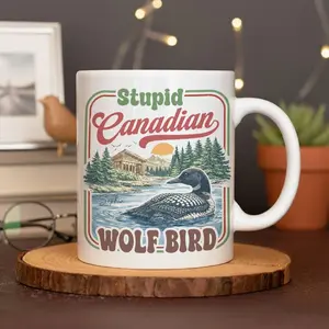 Stupid Canadian Wolf Bird Coffee Mug, Funny Loon Bird Retro Enamel Cup, Heated Rivalry Inspired Gift, Team Hollanov Ceramic Mug