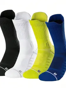 Men's High-Top Sports Socks, 4 Pairs, Shock Absorbing Running Socks, Breathable Sweat-Wicking, Comfortable Soft, All Seasons