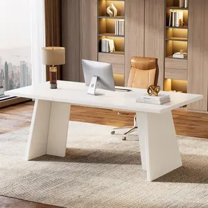 Tribesigns Modern 63" Executive Desk for Home Office, Large White Workstation Table with Wooden Pedestal Ergonomic Chairs Leather Chair
