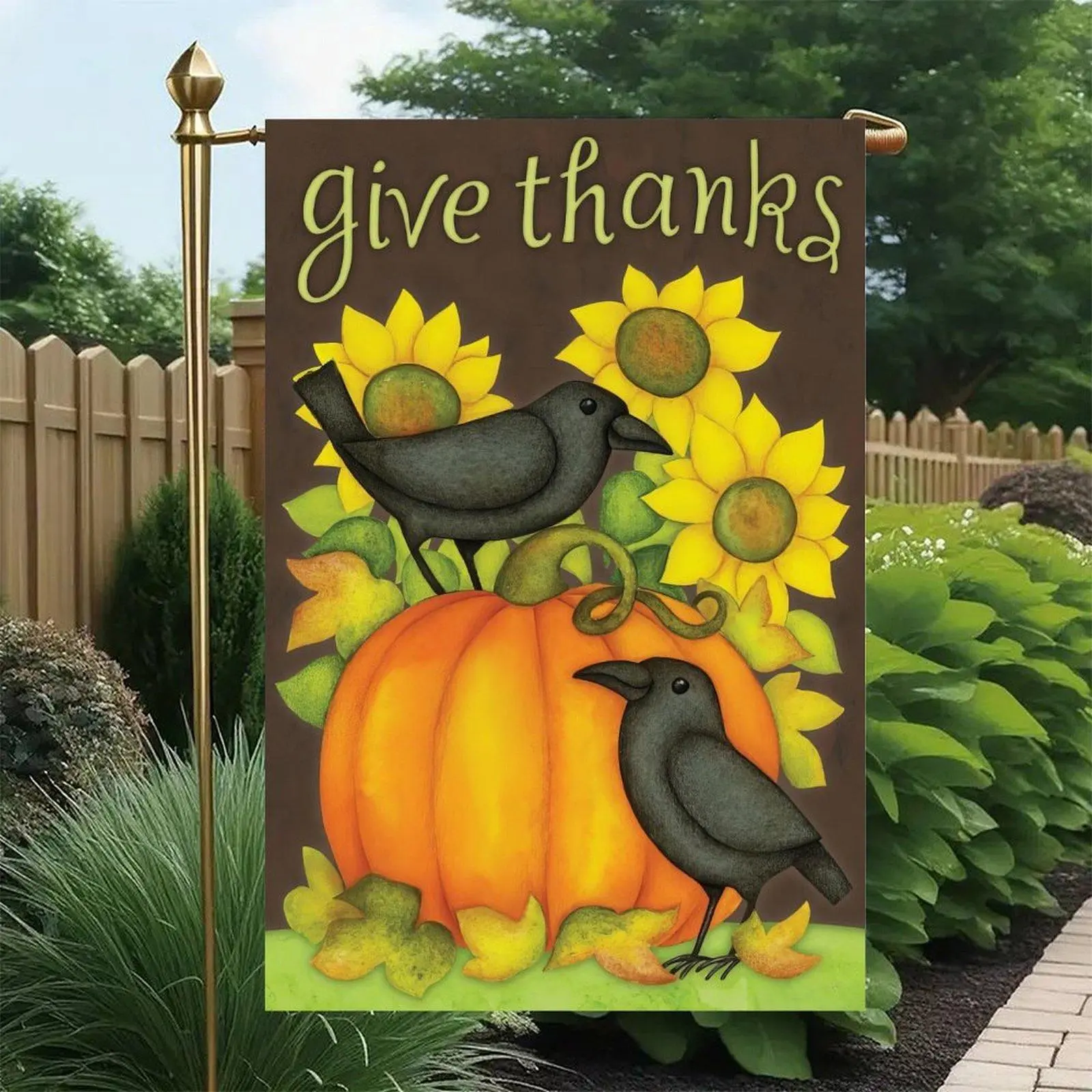Give Thanks Crow Sunflower Pumpkin Primitive Fall Garden Flag, Double Sided Design 12x18in Rustic Thanksgiving Outdoor Decor Flag