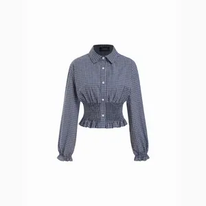 Cider 100% Cotton Gingham Shirred Waist Ruffled Hem Blouse