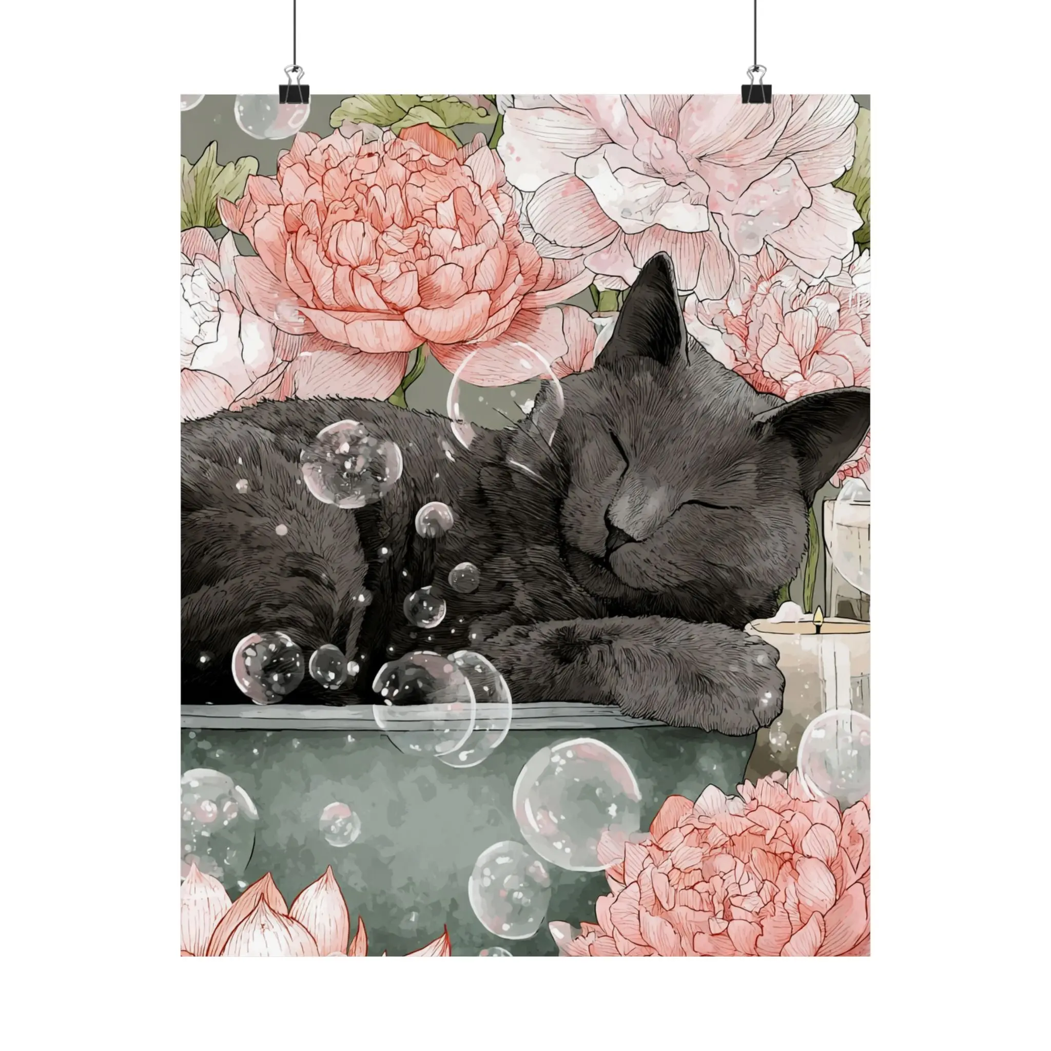 Gray Cat in Bathtub Wall Art | Japandi Cat Bathroom Decor | Japanese Cat Poster | Zen Feline Art Print | 16x20 Poster