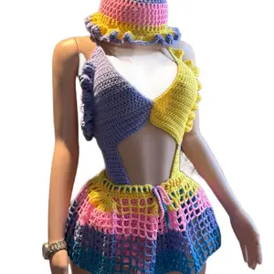 Riviera Crochet Crochet Outfit Fit with Bucket Hat Cover-Up Skirt in Pink and Red Striped Design