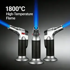 Butane Torch Lighter, Refillable Adjustable Blue Jet Flame Kitchen Blowtorch with 360° Rotation And Safety Lock, Windproof Metal Cooking Torch for BBQ, Baking, Camping And Outdoor Ignition (Butane Gas Not Included)