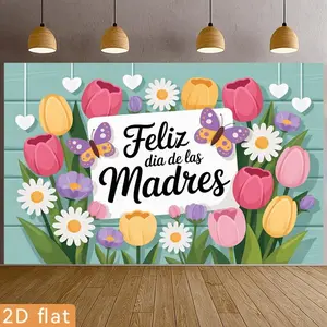 Polyester Party Backdrop - 1pc 2D Flat Banner with Tulip, Daisy, Butterfly Designs & "Feliz Dia De Las Madres" Print, for Birthday Party, Garden Decor (No Electricity Required)
