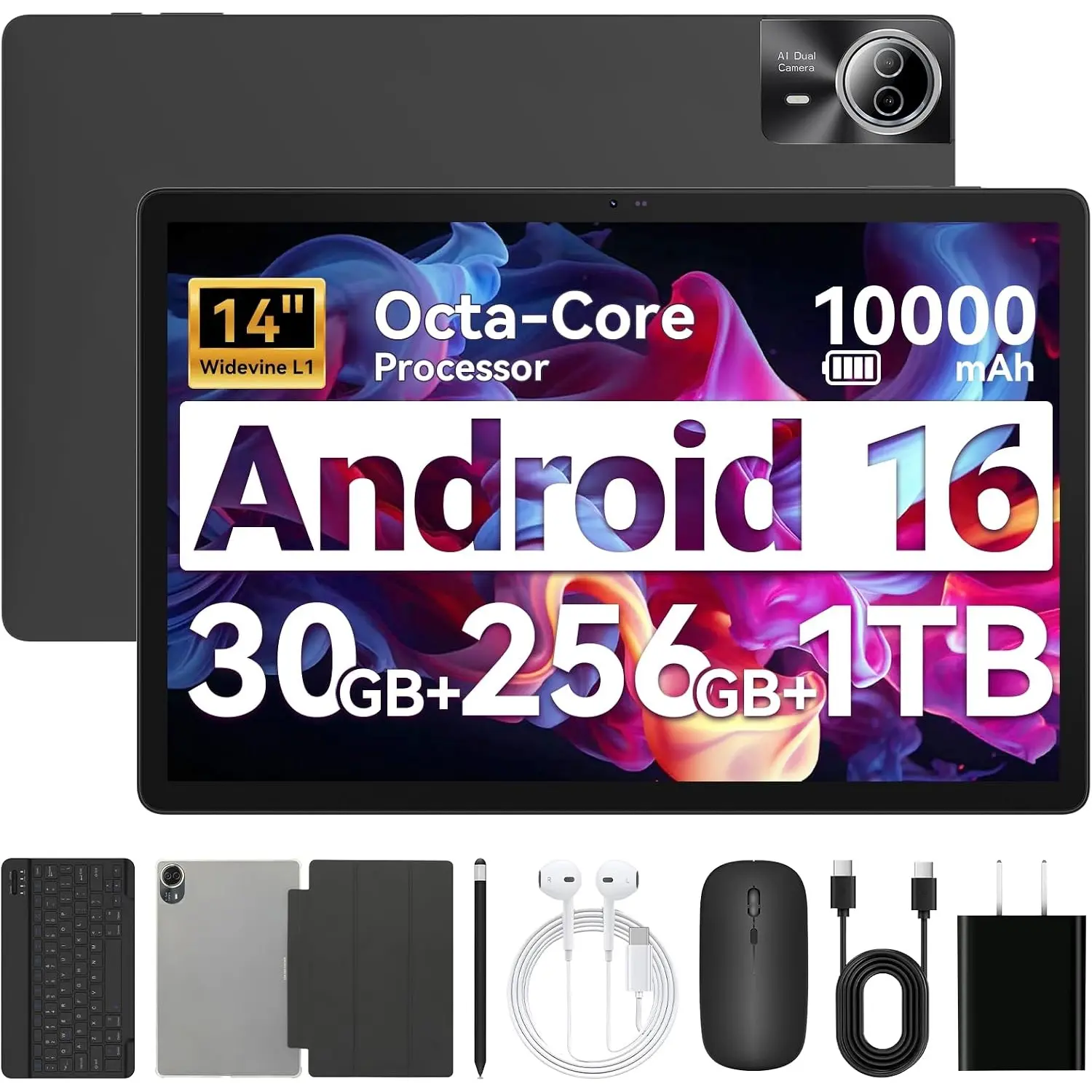 Tablet|14 inch Android 16 Tablet|30GB RAM 256GB ROM|1920 * 1200 IPS FHD|10000mAh 30W Fast Charging|Octa-core Processor|Wi-Fi 6, BT 5.4|Dual Camera with Gemini AI|Keyboard|Stylus|Case|Headphone