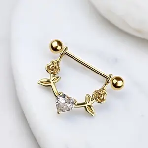 Rose & Heart Nipple Ring, Floral Decor Sparkle Cz Heart Center Nipple Piercing Jewelry Barbell, Nipple Ring Body Jewelry