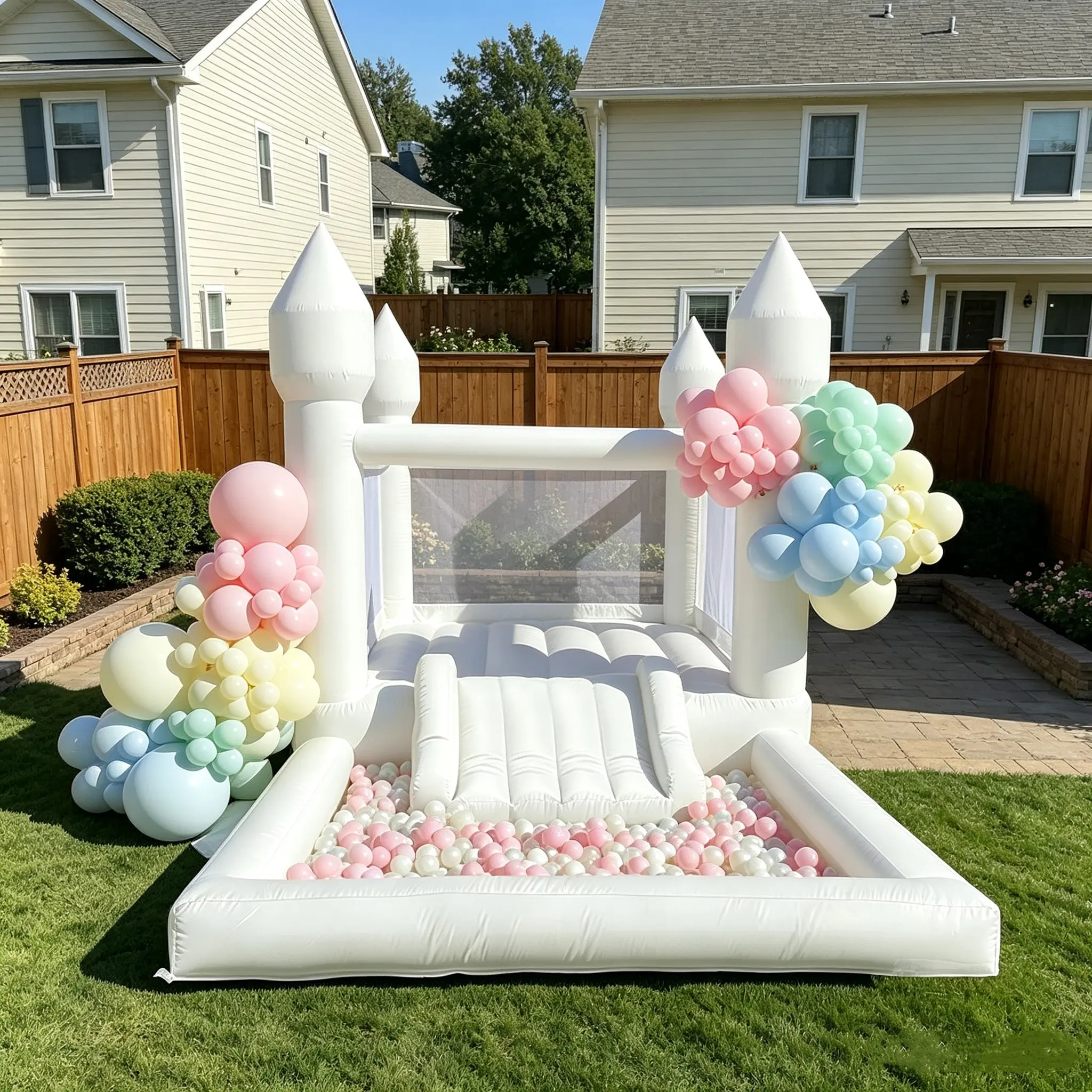 Inflatable White Bounce House White Bounce House Indoor Outdoor Bouncy Castle for Kids  Oxford  Bounce House with Slide & Blower Children's Birthday Party Gifts