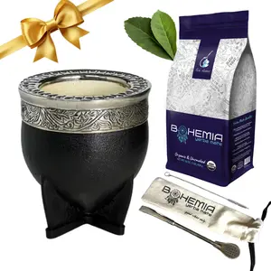 Full SET Yerba Mate Imperial Gourd - Leather Wrapped + Alpaca Straw + Straw brush + 1lb USDA Organic Yerba Mate Loose Leaf
