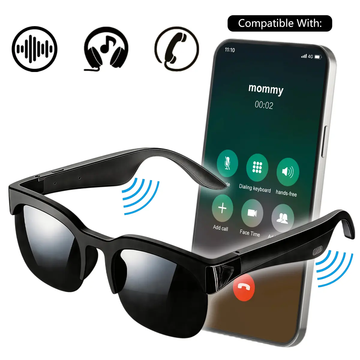 Smart Sunglasses, Wireless Audio Eyewear, Wireless Bluetooth Audio Glasses with Open-Ear Speakers, Hands-Free Calls & Voice Assistant, UV400 Protection for Driving, Cycling & Daily Commute, Multifunctional Audio Sunglasses