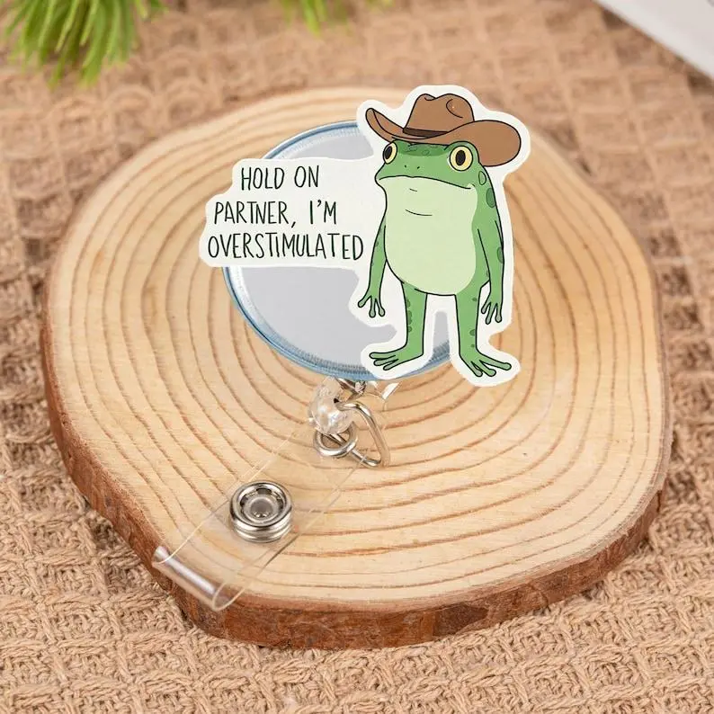 Funny Cowboy Frog Badge Reel, Overstimulated Animal ID Holder, Western Hat Nurse Clip, Unique Badge Accessory