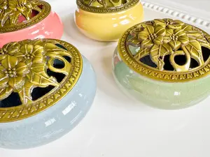 Ceramic Incense Burner Bowl with Floral Lid