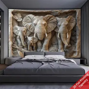 Elephant Stone Wall Pattern Hanging Tapestry Backdrop Decoration, Bedroom Living Room Decor, 1pc Print Background Rug