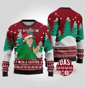 Funny Ugly Christmas Sweater – “The B*tch Hit Me With a Toaster” Meme Holiday Knit Pullover | Hilarious Xmas Gift for Men