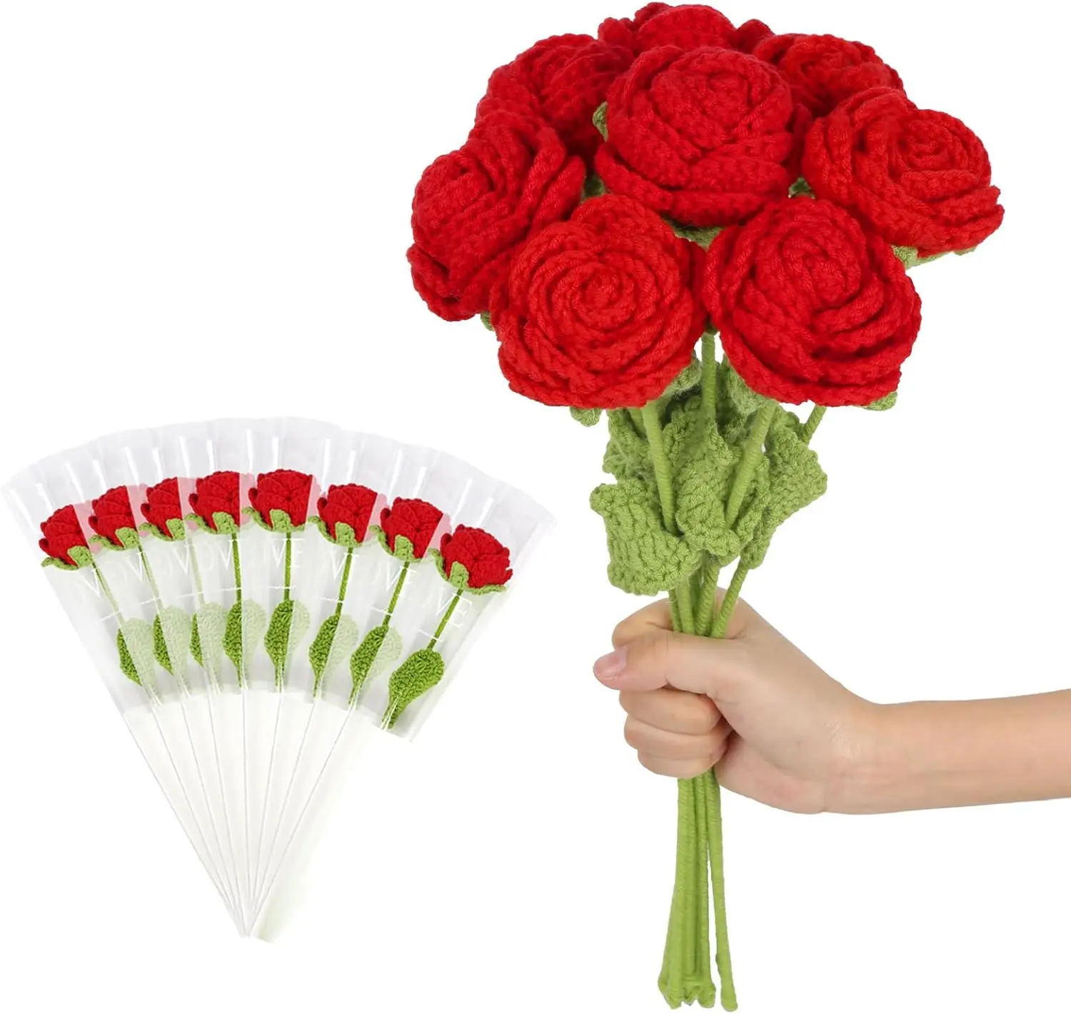 8PCS Red Crochet Flowers Knitted Flowers Woven Roses, Finished Handmade Rose Artificial Roses, DIY Crochet Roses Bouquet for Mother's Day Teacher Gift Home Decor(Red)