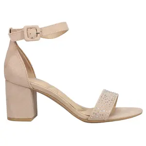 CL by Laundry Womens Jolly Rhinestone Block Ankle Strap Dress Sandals Mid Heel 2-3" - Beige