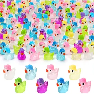 100 PCS Luminous Mini Resin Ducks, Glitter Tiny Duck Figures Wearing Hat Glow in The Dark for Dollhouse, Garden, Micro Landscape, Home Outdoor Party, Aquarium Decor