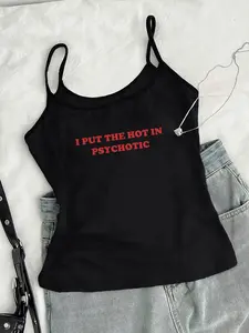 Women's Letter Print Crop Cami Top, Casual Comfy Cami Adjustable Spaghetti Strap Crop Top for Daily Wear, Ladies Clothes for All Seasons, Casual Sleeveless Crop Sleeveless Crop Tops