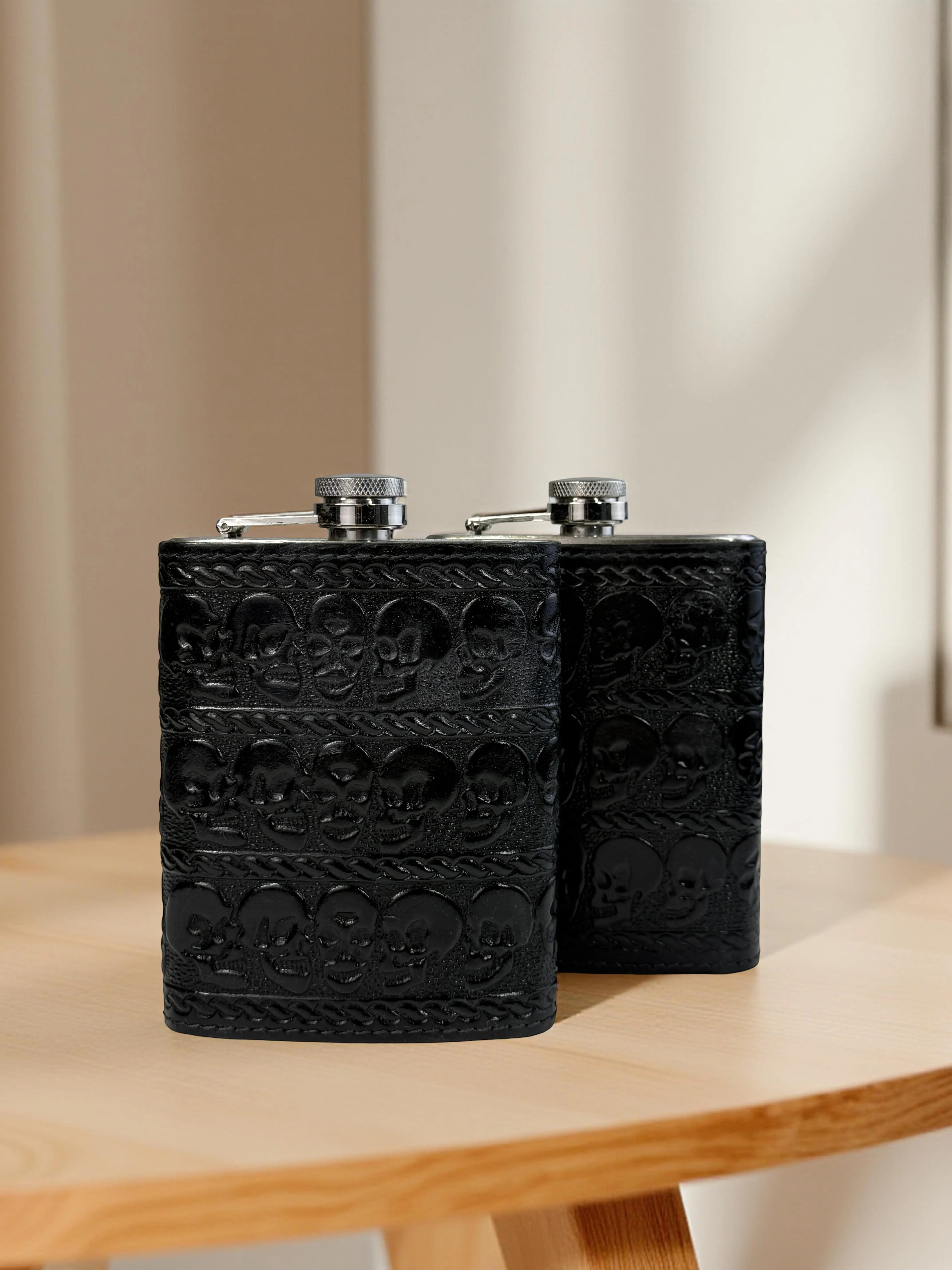 Scull Leather Hip Flask Western Tooled Genuine Leather wrapped flask leather gift for her him anniversary leather gift