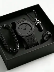 Men's Luxury Quartz Watch Set, Includes Bracelet, Ring, Necklace, Elegant Ethnic Fashion Accessory, Perfect Gift for Him, All Seasons