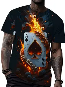 Flaming Ace Playing Card Pattern T-shirt, Men's Printed Short Sleeve, Firework Texture Casual Streetwear, Exclusive for Gamers and Poker Enthusiasts