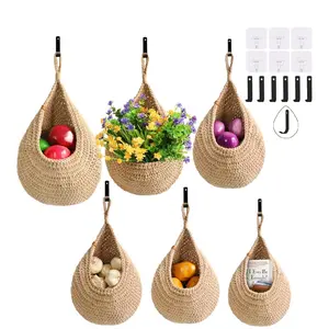 6pk Hanging Fruit Baskets for Kitchen - 6 Pack Boho Wall Hanging Basket,Handwoven Wall Fruits Basket,for Garlic Potato Vegetable Onion Teardrop Home Hanging Storage Baskets(Brown Classic)