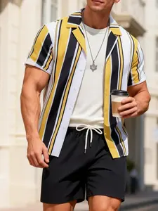Men's Yellow-Black Stripe 2-Piece Outdoor Set - Short Sleeve Camp Collar Shirt & Black Drawstring Shorts, Breathable Lightweight Fabric, Loose Fit for Hiking, Beach Days & Summer Outdoor Activities