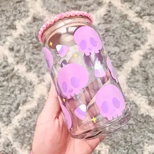 Cute Halloween Skulls Glass Cup, Purple Skull Glass Cup, Cute Halloween Tumblers, Libbey Glass Cup Preppy, 16oz Glass Cup, Custom Iced Coffee Glass, Candy Design Glassware, Spooky Season Gifts