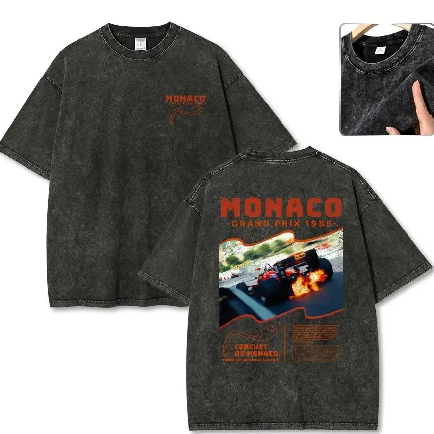 Men's Graphic Tshirt, Vintage 1985 Monaco Grand Prix Print, Oversized Heavyweight Cotton Short Sleeve Casual Top, Boxy, Shortsleeve, Men's T Shirts, Breathable, Cold Wash, Street, Streetwear, Tee, Retro, Vintage T Shirts, High-Density, Round Neck, T-Shirt