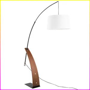 Robyn Mid-Century Modern Floor Lamp in Walnut Wood and Black Metal with White Linen Shade