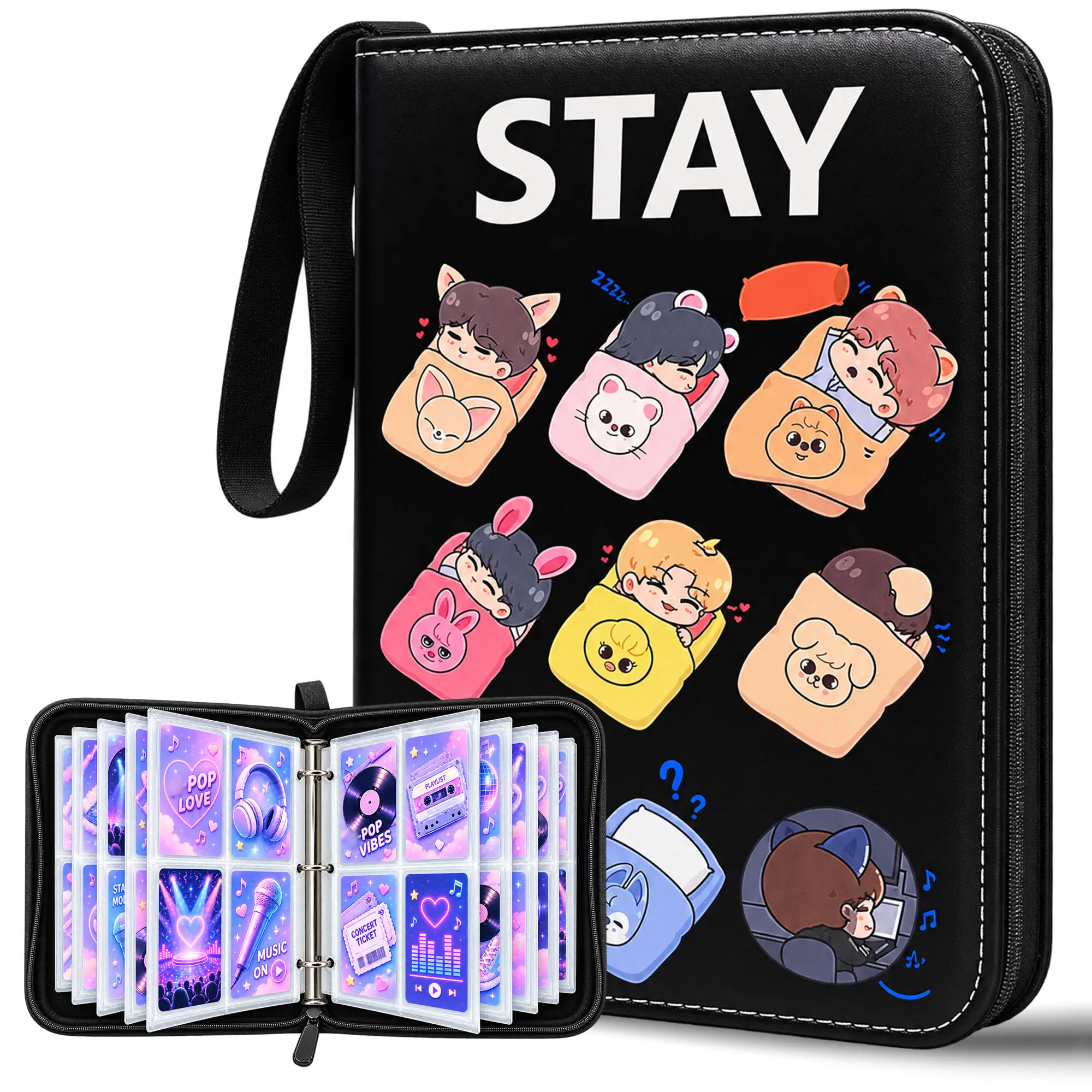 KPOP Photocard Binder 400 Pockets Photo Organizer - Waterproof PU Shell, Smooth Synthetic Material, Cute Cartoon Idol Design, Zipper Closure with Wrist Strap, Fits 0-50 Pages, Collectibles & Bracelets Storage, Ideal Valentine's Day Gifts for Friends, Pho
