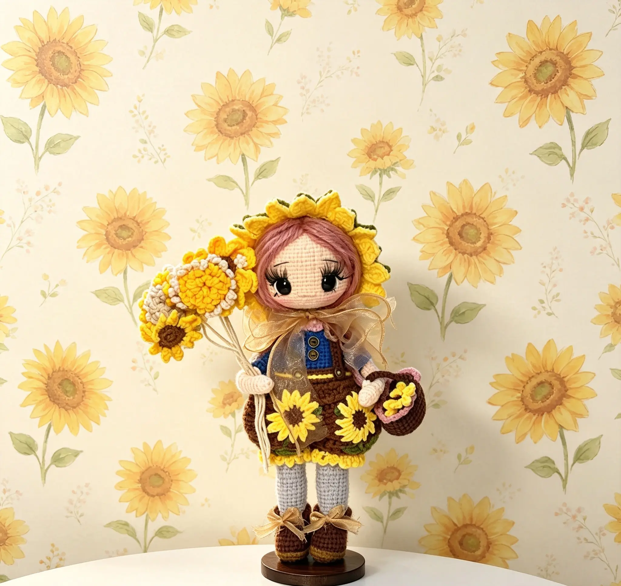 Handmade Crochet Sunflower Girl Doll, Soft Amigurumi Toy, Collectible Gift for Girls, Home Table Decor