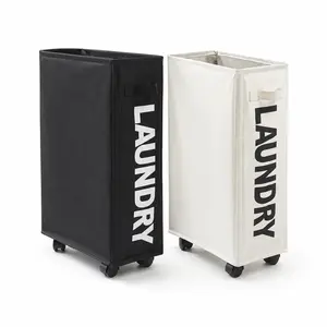 25-Inches Slim Laundry Basket on Wheels, Collapsible Rolling Laundry Hamper, Foldable Narrow Corner Clothes Storage Bins (Beige&Black),Summervibes