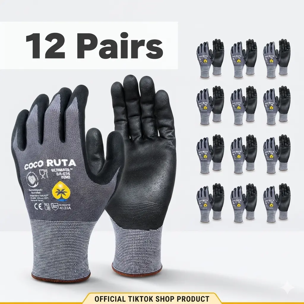 12 Pairs COCO RUTA Gloves 34-874 Safety Gloves | Guantes Para Trabajo - For Men Nitrile Micro Foam Grip Palm Comfortable Fit Construction Gear