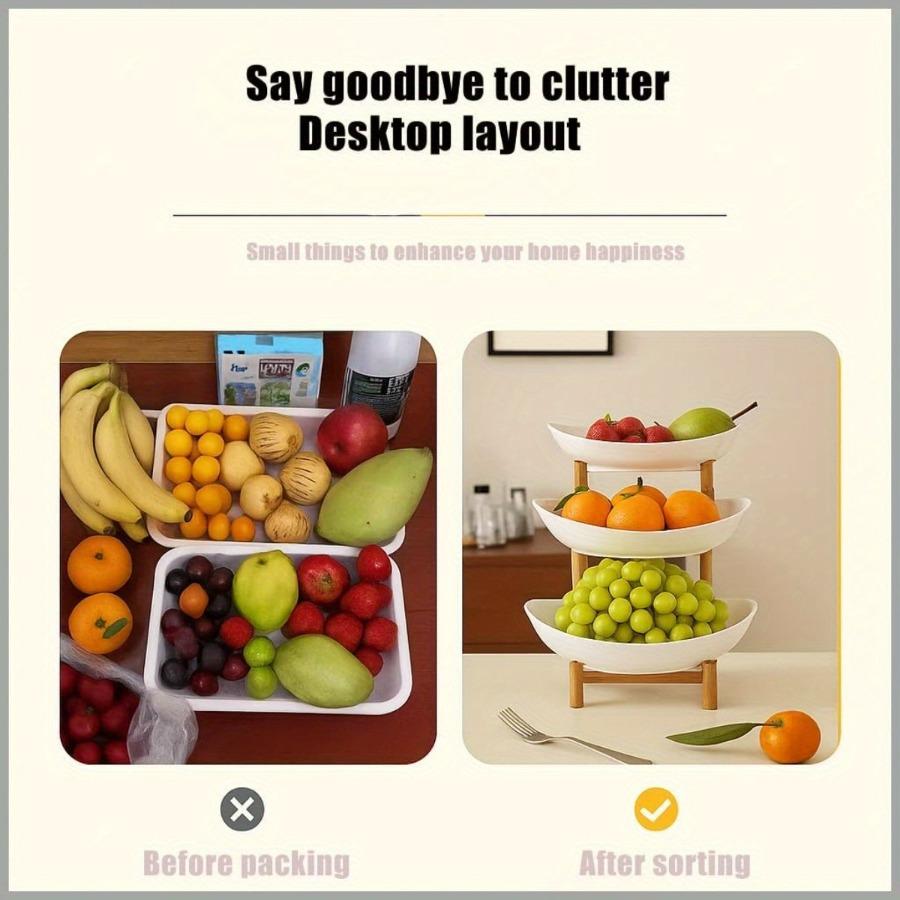 Wood Suitable for Living Room & Kitchen, 2-Tier/3-Tier Large Capacity Fruit Storage Shelf & Snack Organizer - Natural Oval Space-Saving Rack with Easy Assembly, Multi-Shelf for Fruits, Plates, Dishes, Home Decor (No Revision)